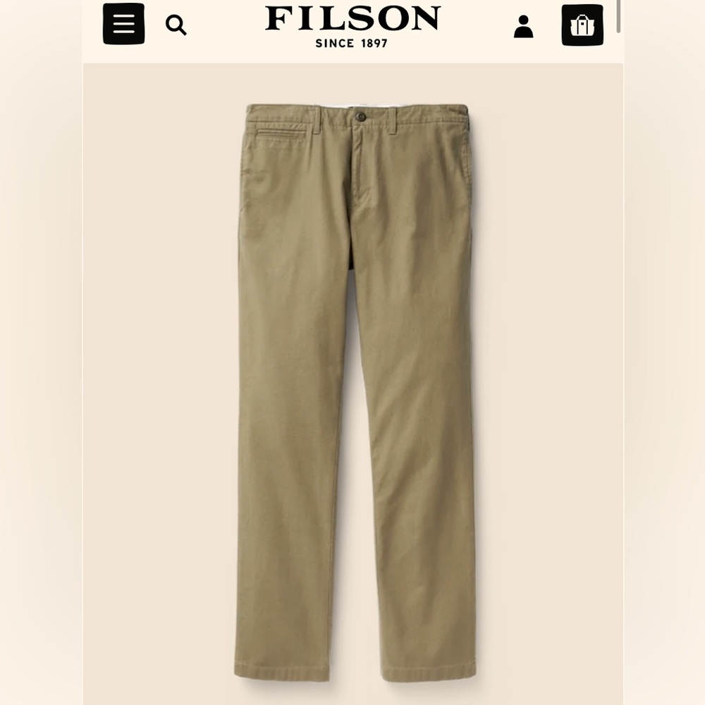 Filson Draftsman Pants, distressed khaki. Men’s size 30/32